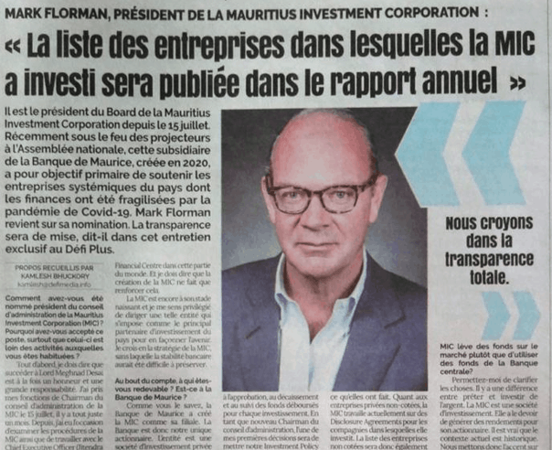 Interview – Mark Florman, Président de la Mauritius Investment Corporation: La liste des entreprises dans lesquelles la MIC a investi sera publiée dans le rapport annuel